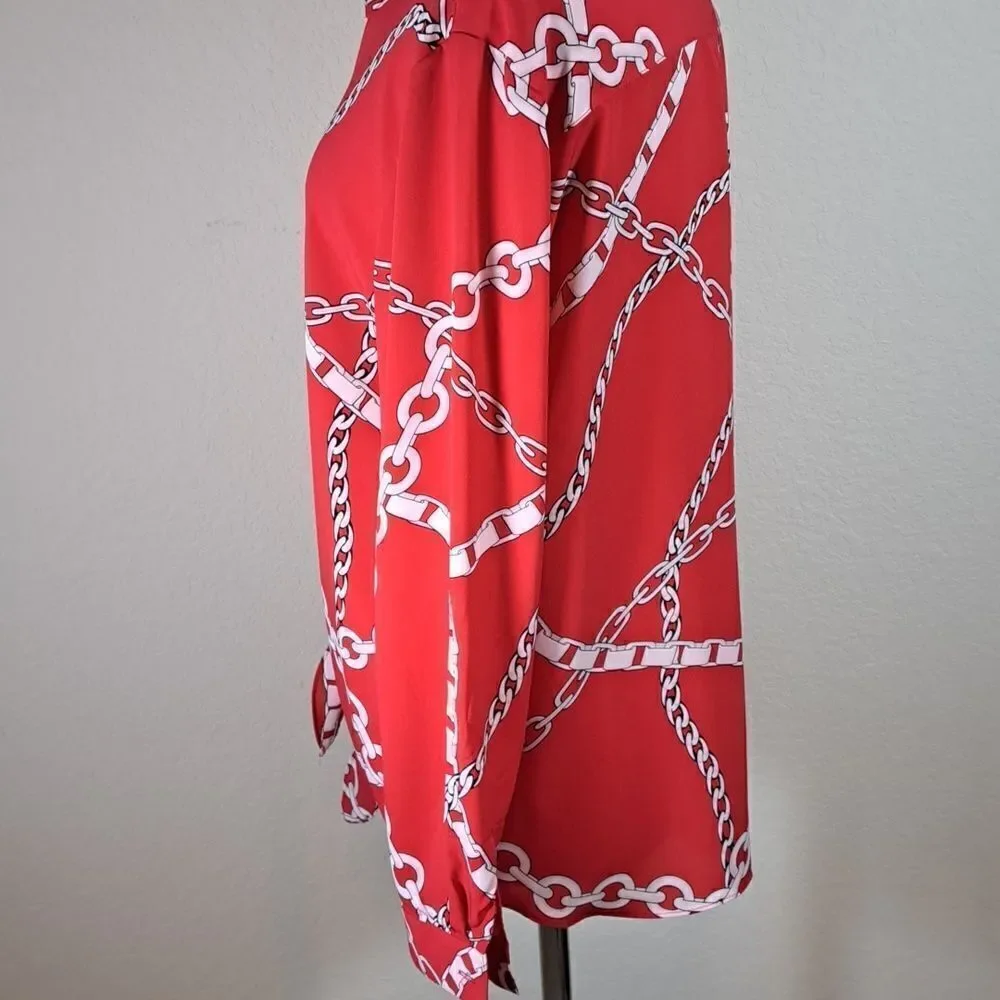 Susan Graver Women’s Size 10 Blouse Red White Chain Print Long Sleeve Top Tie Up